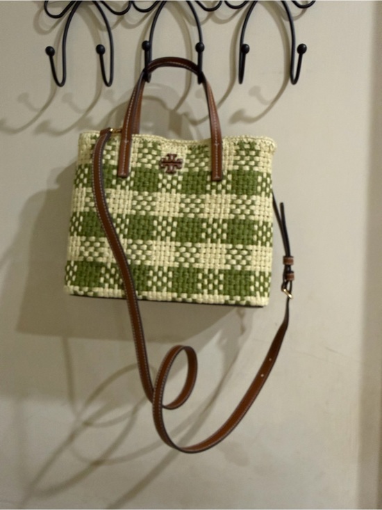 Tory Burch Handbags - Tory Burch Blake Straw Small Tote Crossbody Bag Green Woven Checkered Bag- NWT